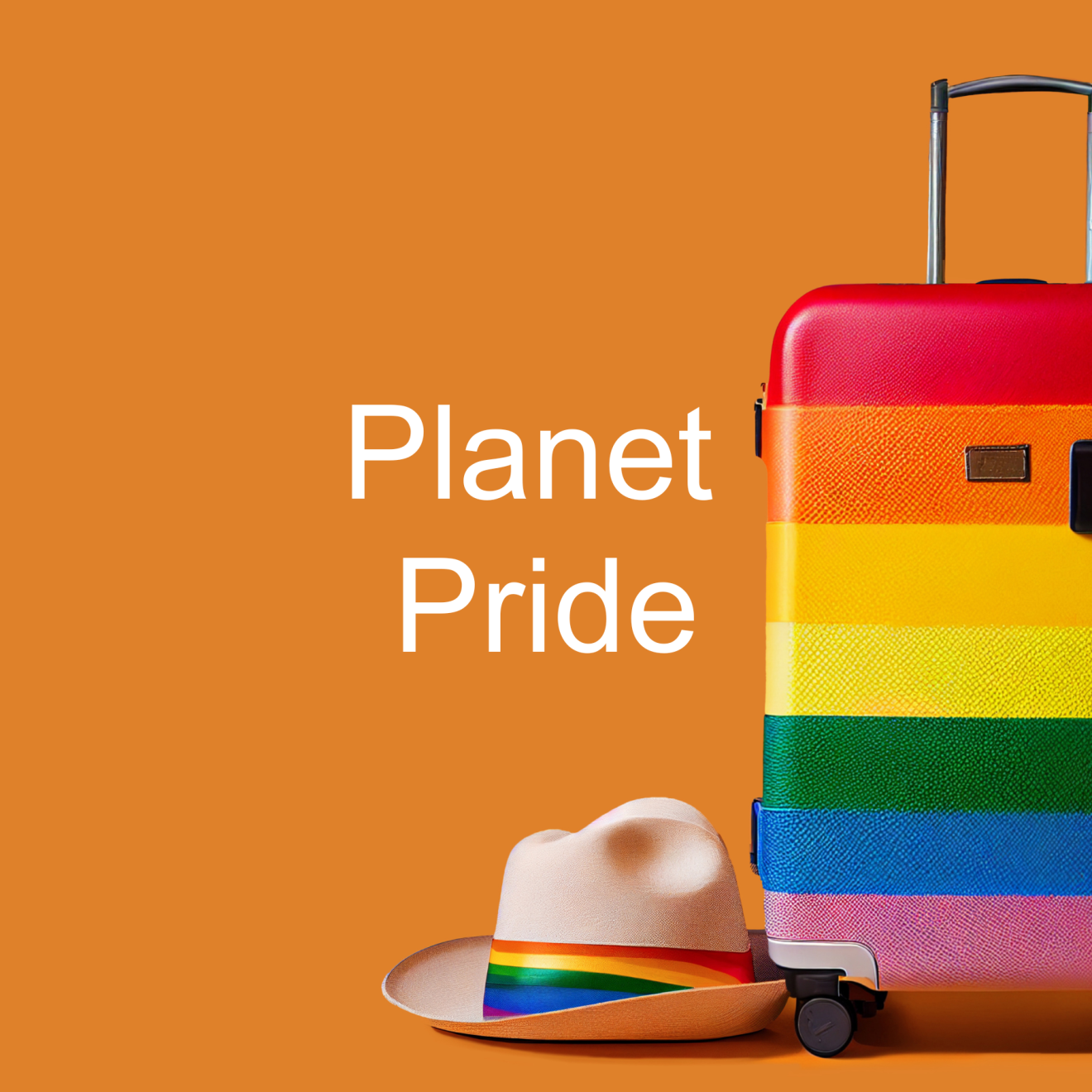 UTS Planet Pride with rainbow hat and suitcase with orange background