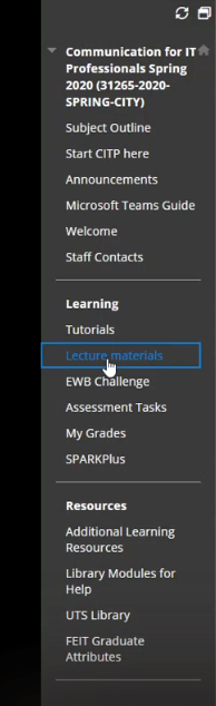 Screenshot demonstrating cursor clicking on lecture materials option in menu