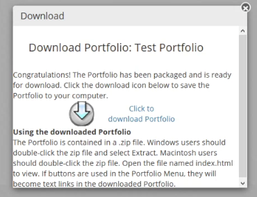 Screenshot of download notice for portfolio