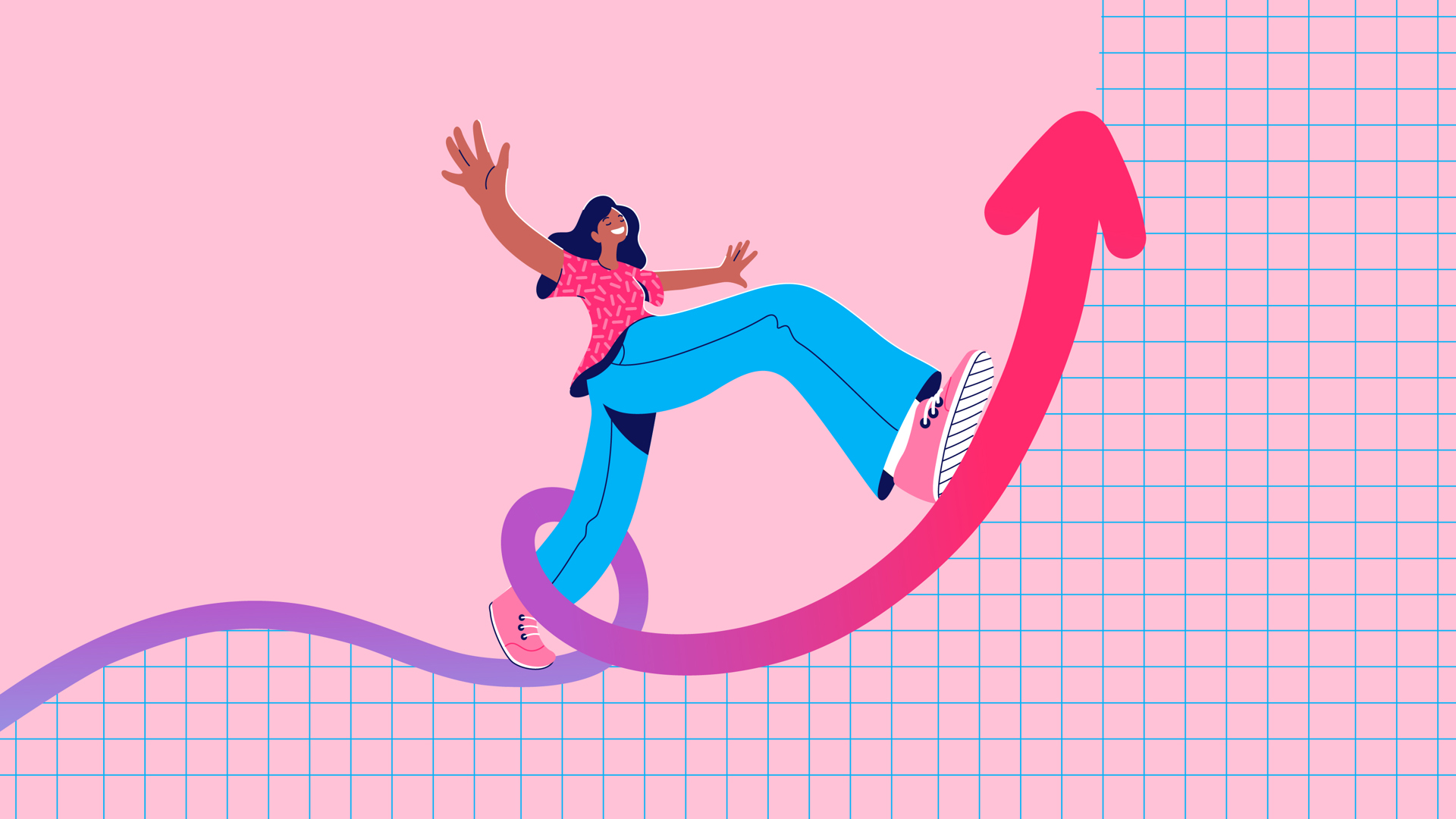 abstract illustration of a person balancing on an upward arrow with a pink grid background