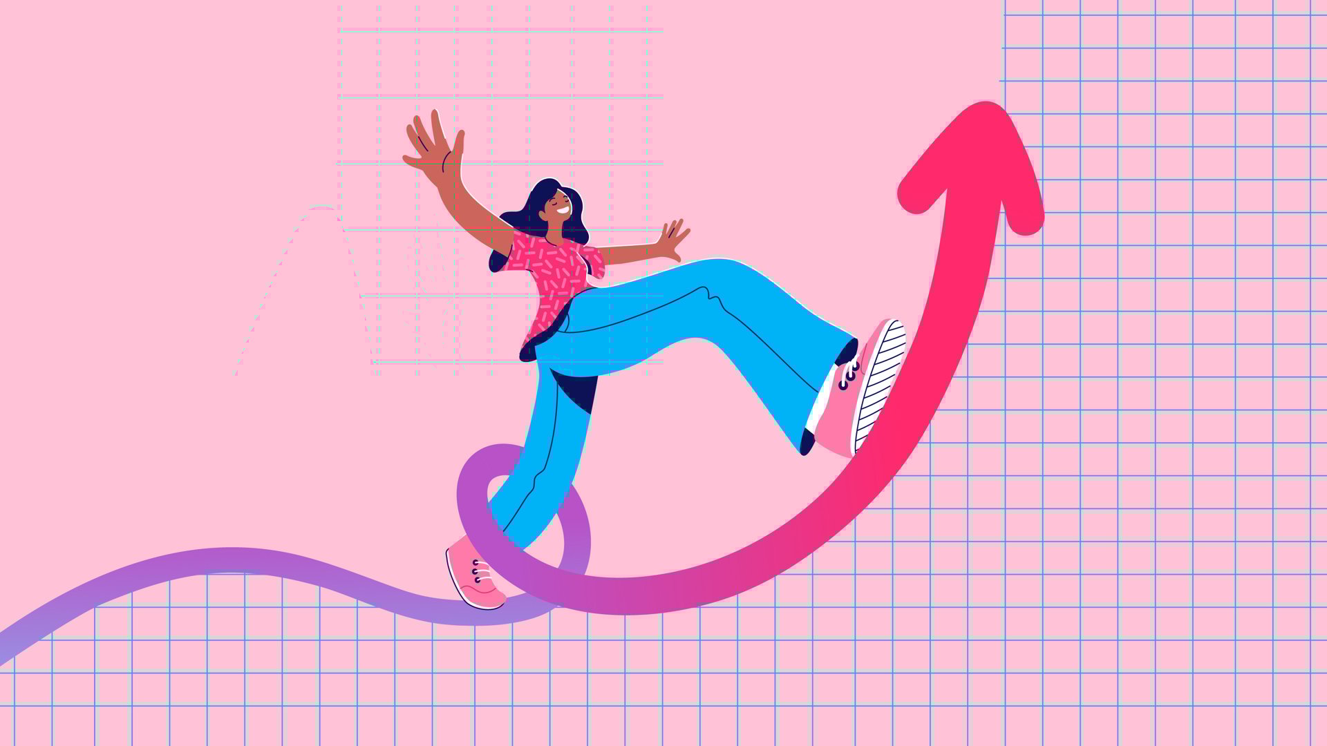 abstract illustration of a person balancing on an upward arrow with a pink grid background