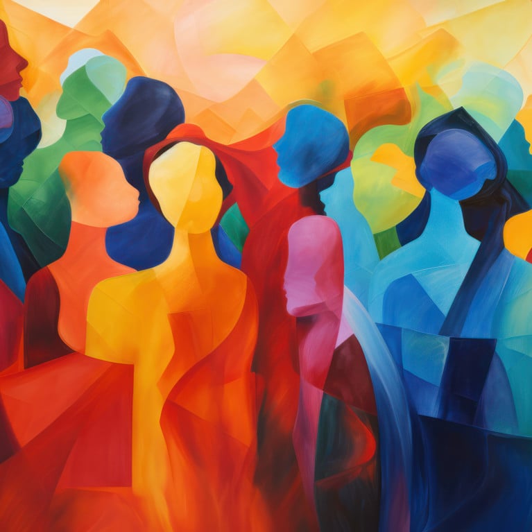 Abstract colourful art watercolour painting depicts a diverse group of people united
