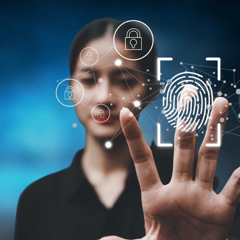 Woman holding up a hand with a digital fingerprint scan overlay and padlock icons, symbolising AI and digital security
