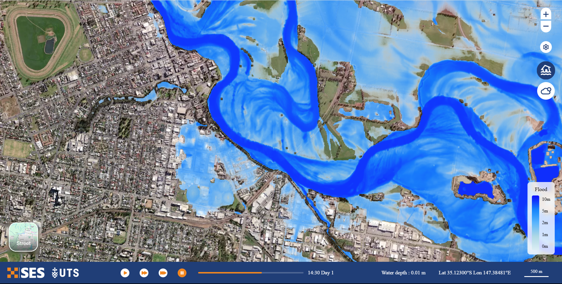 The image shows output from the flood digital twin using 2022 rainfall data for the area of the Murrumbidgee River in Wagga Wagga.
