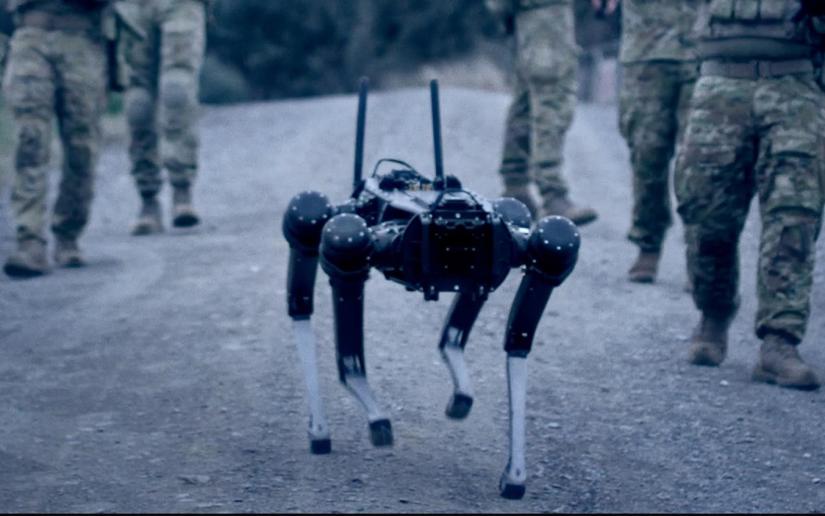 A robotic dog walks down a dusty road surrounded by people wearing military uniformes.