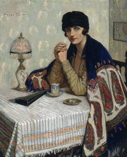 Painting of a woman sitting at a table, draped in a blanket, wearing a hat and holding a cigarette.