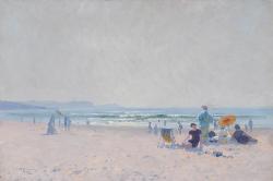 Oil painting of a beach scene with blurry figures sitting or standing on the sane, with sun umbrellas and folding chairs.