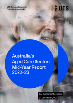 Elderly man with text overlay: Australia's Aged Care Sector: Mid-Year Report 2022-23