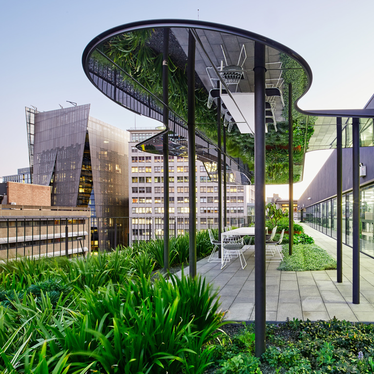 The UTS Faculty of Science green roof, with a large, mirrored pergola reflecting a vibrant green garden.