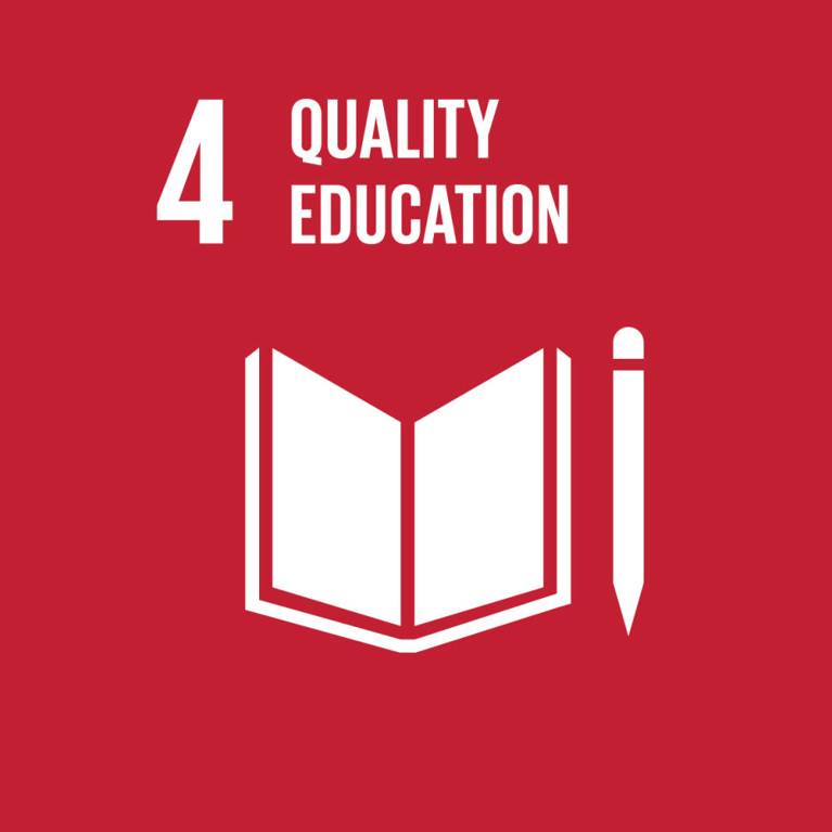 Red banner displaying UN Sustainable Development Goal 4: Quality Education. Features a white book and pencil icon symbolizing knowledge and learning.