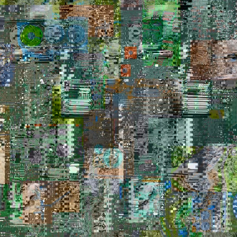 Composite image of mining and industry superimposed over electronic circuit boards. Picture: Sinem Görücü via Better Images of AI, CC BY 4.0