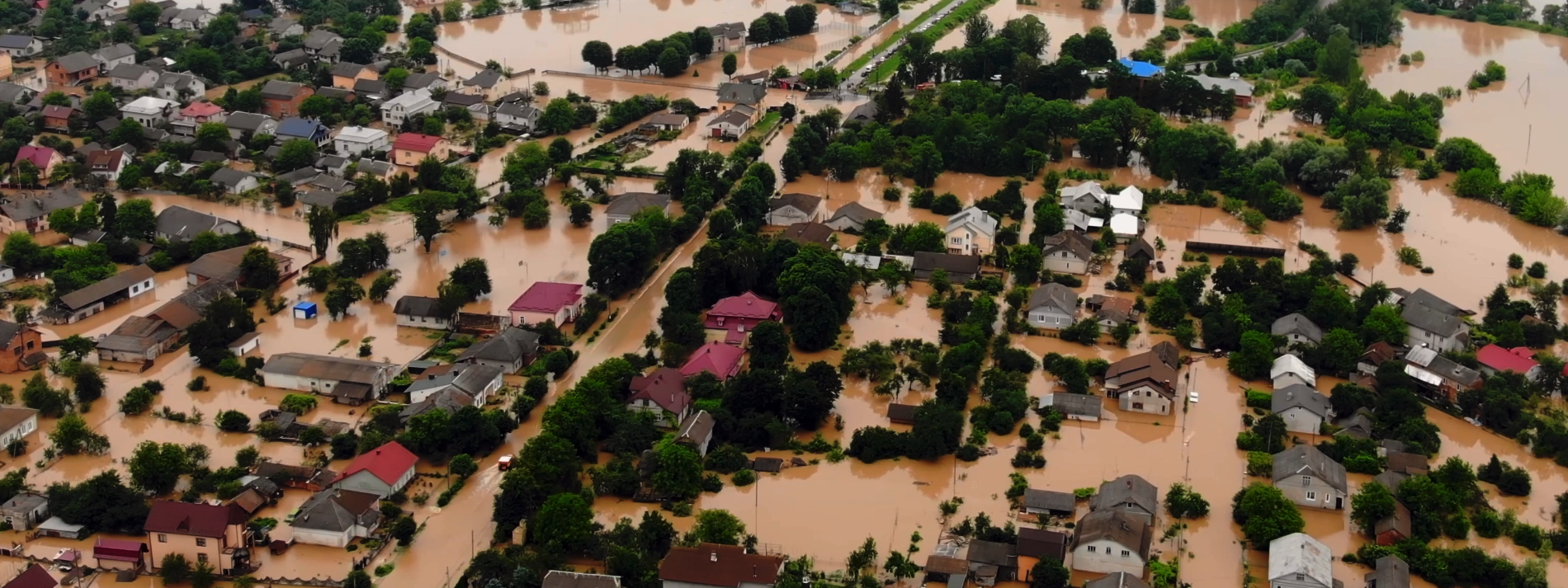Aerial footage of a flooded town