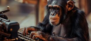 a chimpanzee sitting in front of a vintage typewriter. Adobe Stock