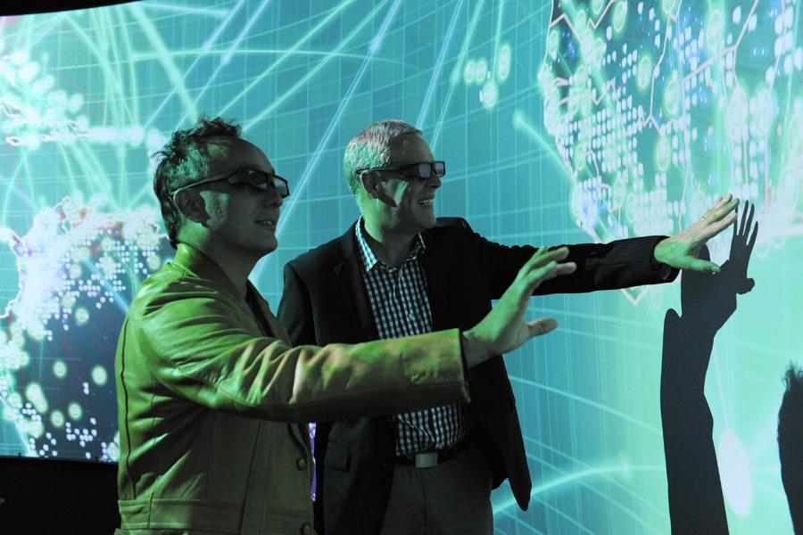 Animal Logic's Toby Grime (left) and UTS deputy vice chancellor Glenn Wightwick in the Data Arena
