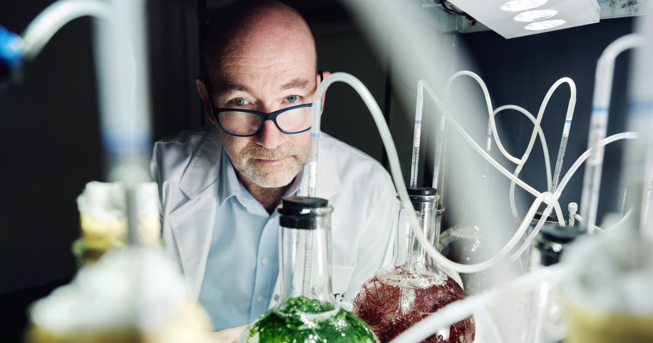 Professor Peter Ralph in a  lab coat and shirt looking into the camera with beakers in the foreground 