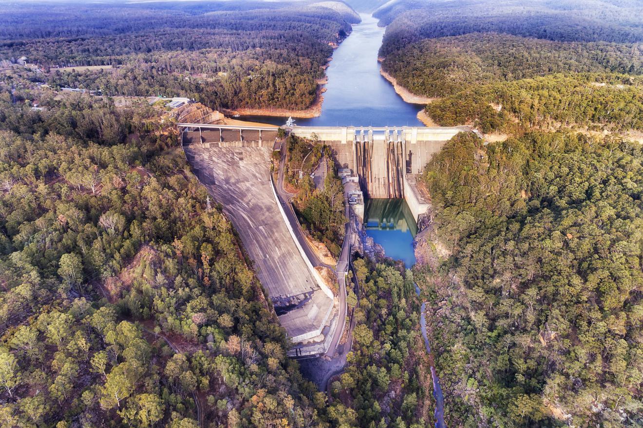 Aerial shot of a large dam / water catchment area.