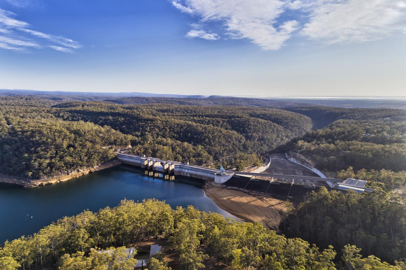 Aerial shot of Warragamba Dam.