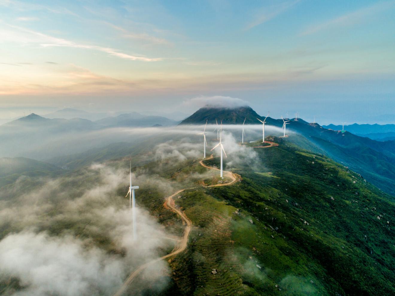 Wind turbines along a hill.