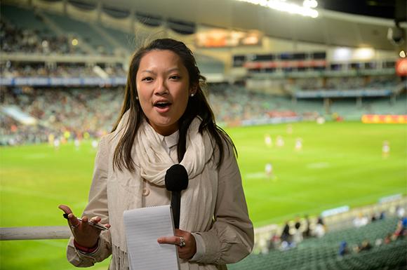 Woman reporting live from an NRL match. Image: David Lawrey