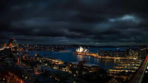 Panoramic view of the City of Sydney seen from the air at night