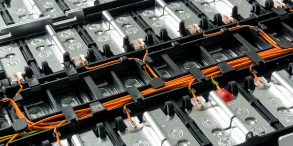 Electric car lithium battery pack with orange wiring connections between cells