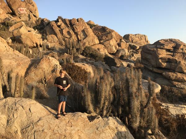 boy standing among rocks