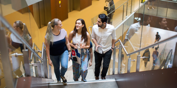 Three students climb a staircase, smiling and chatting