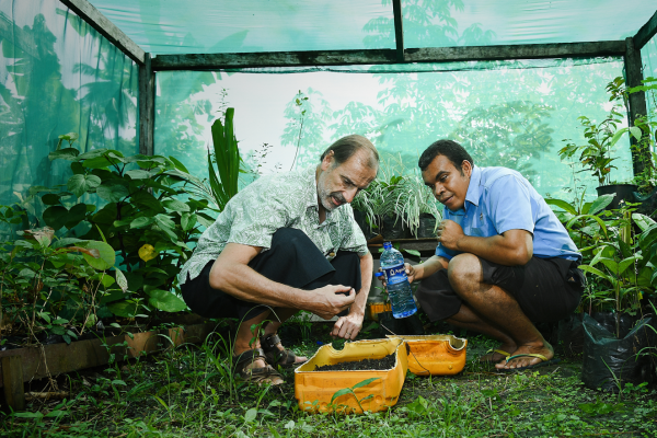 Two international development workers in a greenhouse.