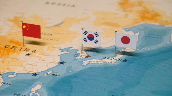 The Map and Flag of Korea, China, Japan