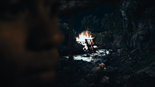 A still frame from Akil Ahamat's artwork 'Extinguishing Hope' depicting a snail staring at a fire burning the background, in a darkly-lit landscape