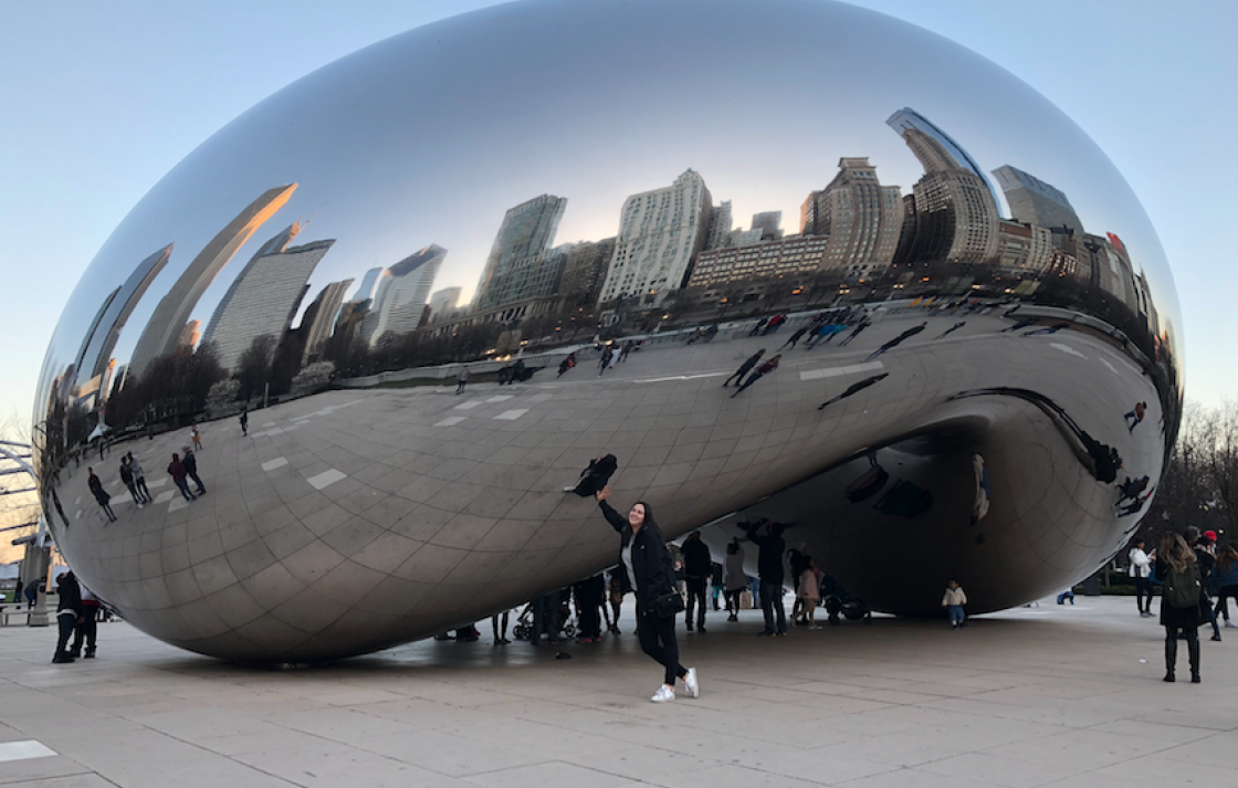Sahara in front of Cloud Gate sculpture in Chicago