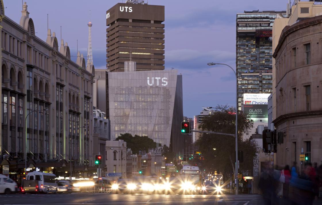 UTS campus from Broadway at night