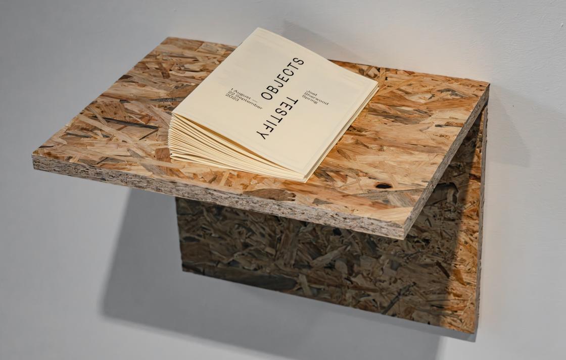  small pamplhet with the text "OBJECTS TESTIFY" sits on a shelf