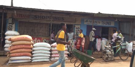 Fertiliser sale and man with wheelbarrow in Malawi