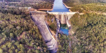 Aerial shot of a large dam / water catchment area.