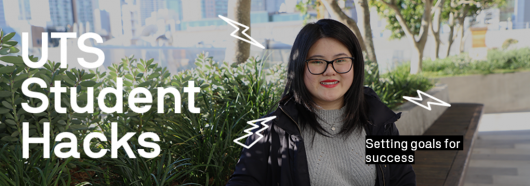 UTS Student Hacks logo with image of Kelly smiling among some trees in the background