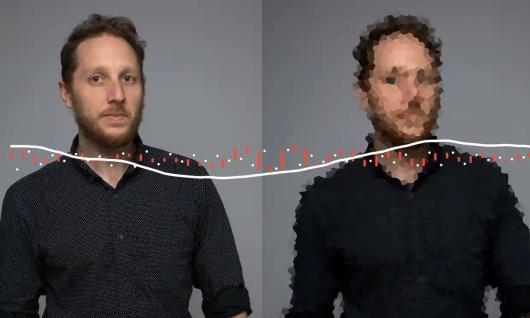 A picture of a man duplicated side by side, the left side image is clear and the right side image is blurred. There is also a line that go across the image (from left to right) mimicking a soundwave