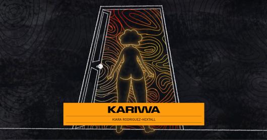 Drawn image of a woman's silhouette against a door. Black backround, Indigenous Australian artwork, yellow and red lines.
