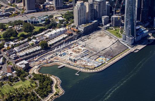 Aerial shot of Harbour Park, Barangaroo, overlooking Sydney Harbour