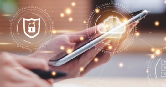 Person holding phone with cloud and padlock image hovering