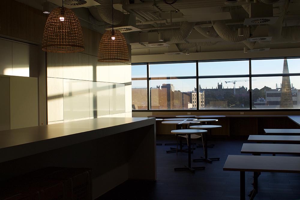 The Postgraduate Lounge area overlooks the city giving the space a light and airy feel.