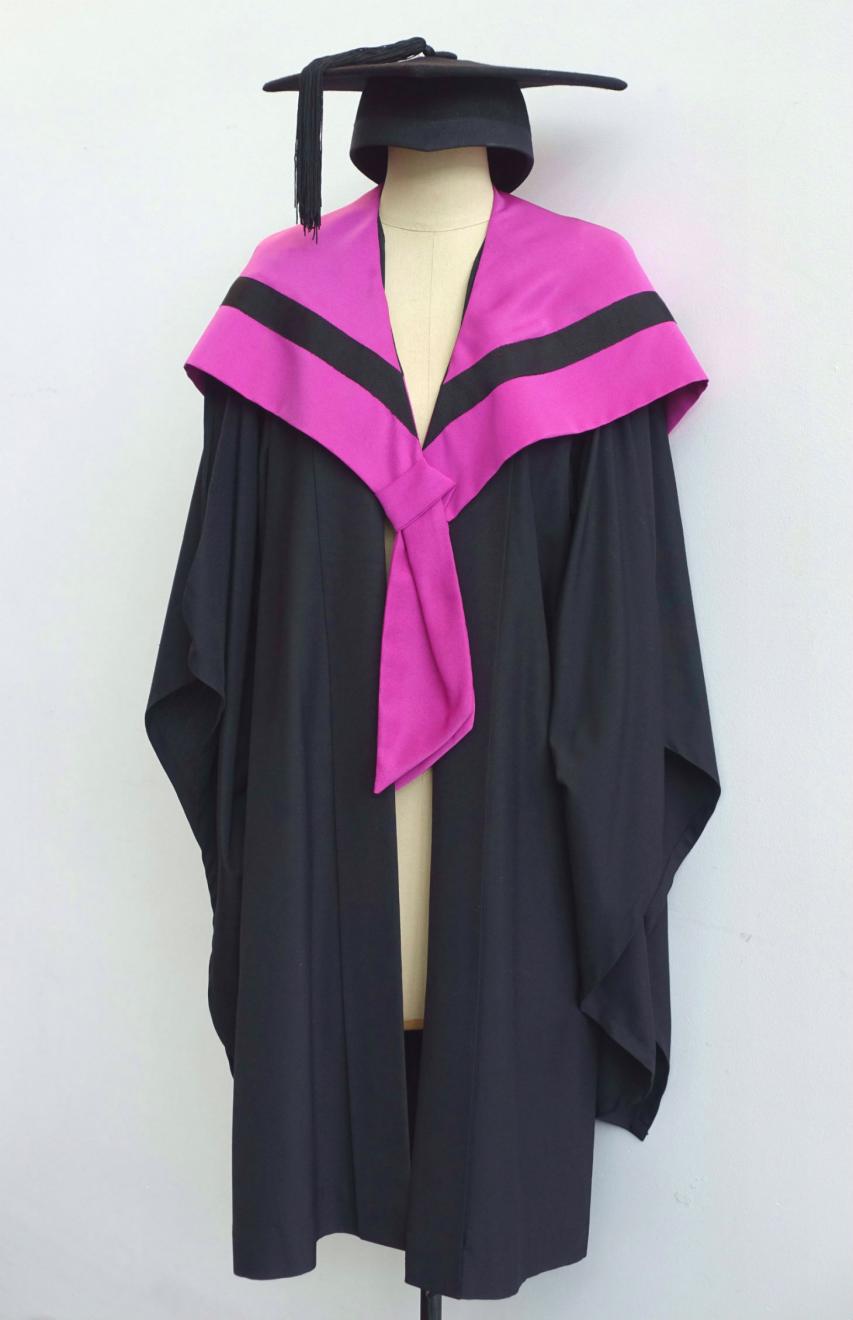 Black Bachelor gown, fuchsia Bachelor hood for Faculty of Health and a black trencher