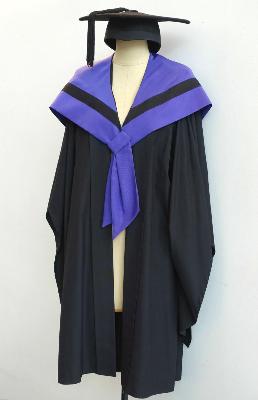 Black Bachelor gown, amethyst Bachelor hood for Faculty of Law and a black trencher