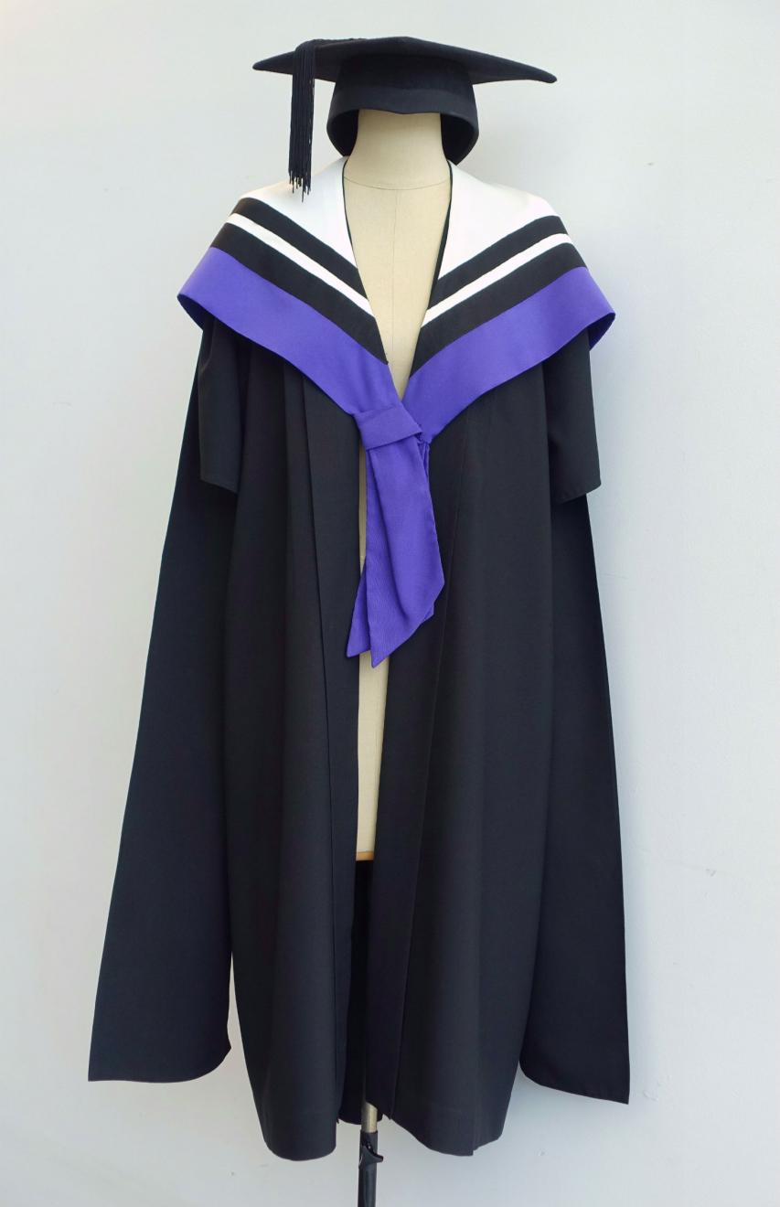 Black Master gown, amethyst Master hood for Faculty of Law and a black trencher