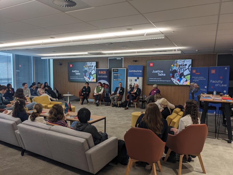 Students attending Anthea Vogl, Craig D Longman, George Newhouse, Gretel Emerson and Pip Davis at Social Justice Lawyering Panel