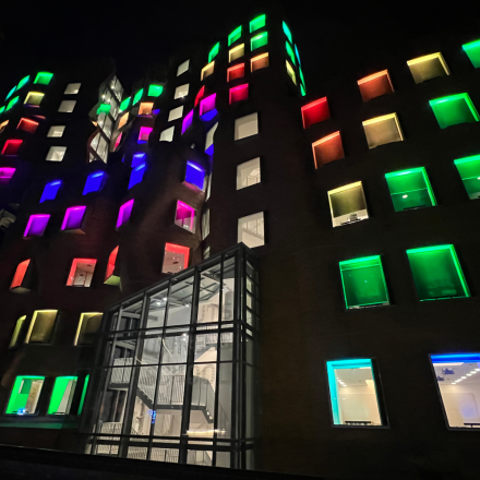 Building 8 illuminated during Vivid 2022