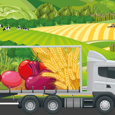An illustration of a truck with fresh fruit and veggies painted on the side, driving past a field with cows grazing and crops being planted.