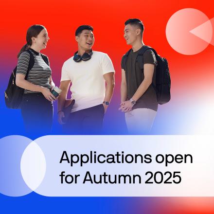 A group of three students gathered, UTS applications open for Autumn 2025.