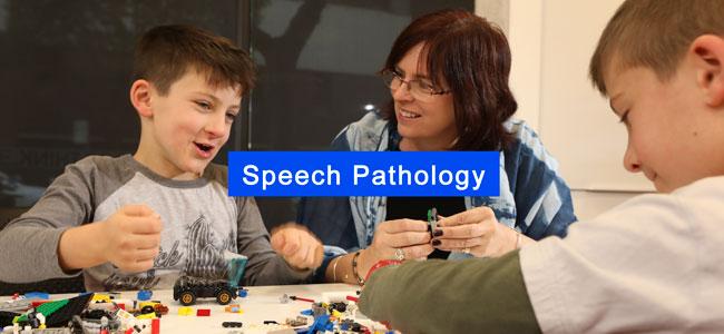 Female speech pathologist working with two male children patients playing lego.