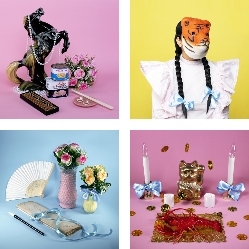 Four colourful photographs of a variety of kitsch objects including pearls, lucky cat figurine and fake flowers